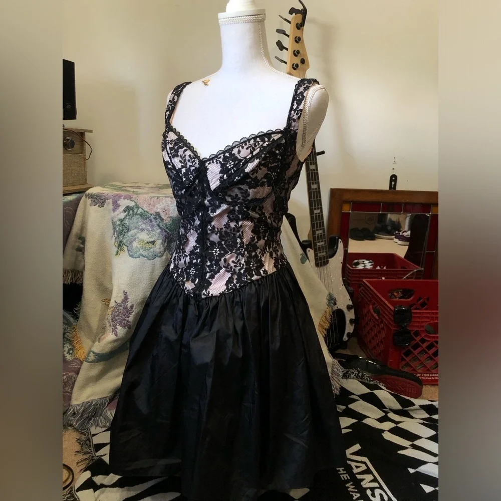 Gunne Sax Blush Pink and Black Lace Evening Dress